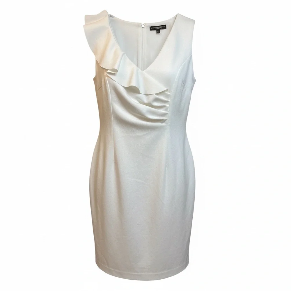 Adrienne Vittadini Sleeveless Sheath‎ Dress White Ruffle Ruched Sz 10 Elegant